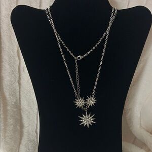 Elegant Long Vintage Stainless Steel Triple Starburst Necklace